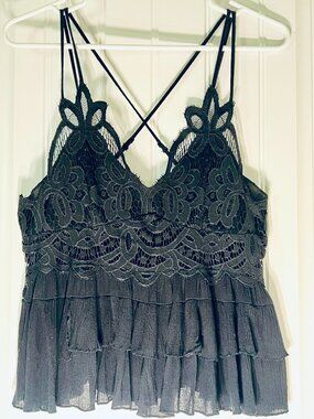 Mi Ami Black Boho Lace Tiered Ruffle Cami Tank Top Size L Strappy Festival